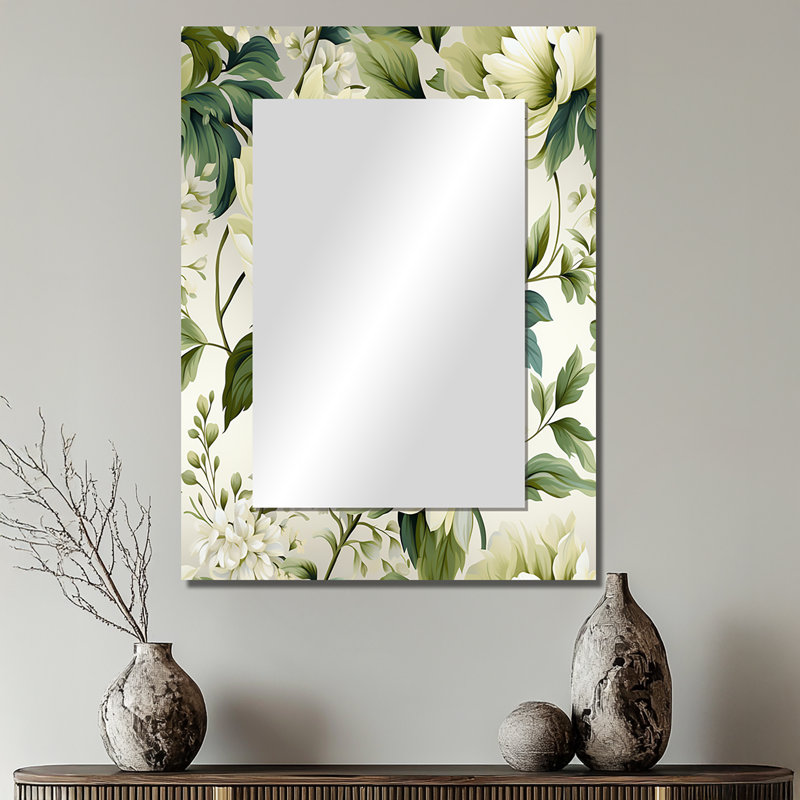 Tahirul vert et blanc damassé Euphony - grand miroir damassé, miroir mural décoratif Boho, impression sur métal