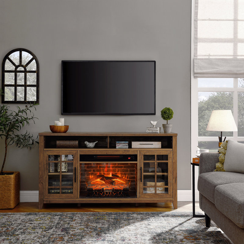 55” TV Media Stand with Electric Fireplace Heater – Reclaimed Barnwood Design (2-in-1 Storage & Heating Unit), Brown