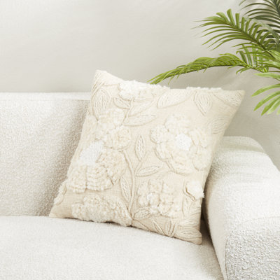 Housse de coussin en coton naturel brodé à motif floral l 20 po x L 20 po