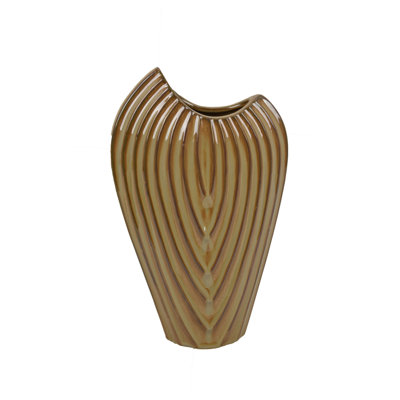 Kathy Decorative Vase, Asymmetrical Rim, Ribbed Brown Ceramic 15 Inch