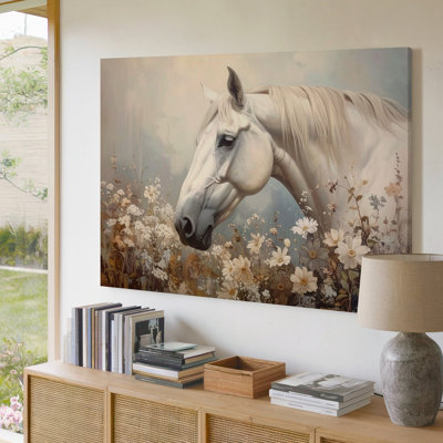 Canvas Wall Art White Horse With Wildflowers Canvasserene Pastel Equestrian Art Ready To Hang Gallery Wrapped Home Decor Modern Design