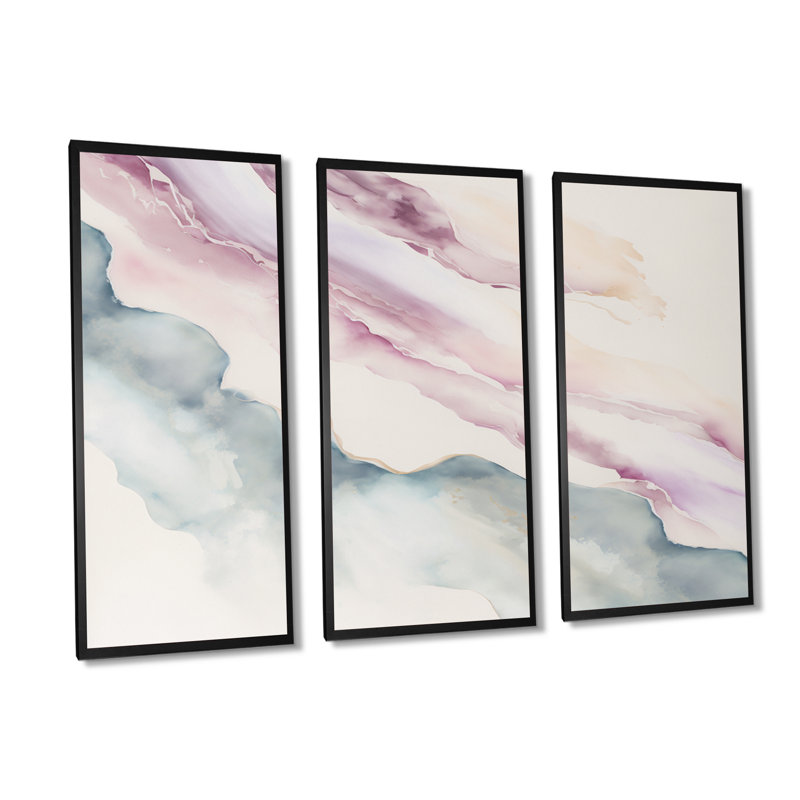 Mystery of the Waves In Elevated Blush IV - Ensemble d'art mural abstrait à l'encre liquide, H 28 po x l 36 po x P 1 po