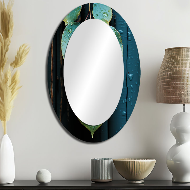 Aqua Leaves Photo Harmony - Green Oval Wall Mirror Decor, 36" x 24"