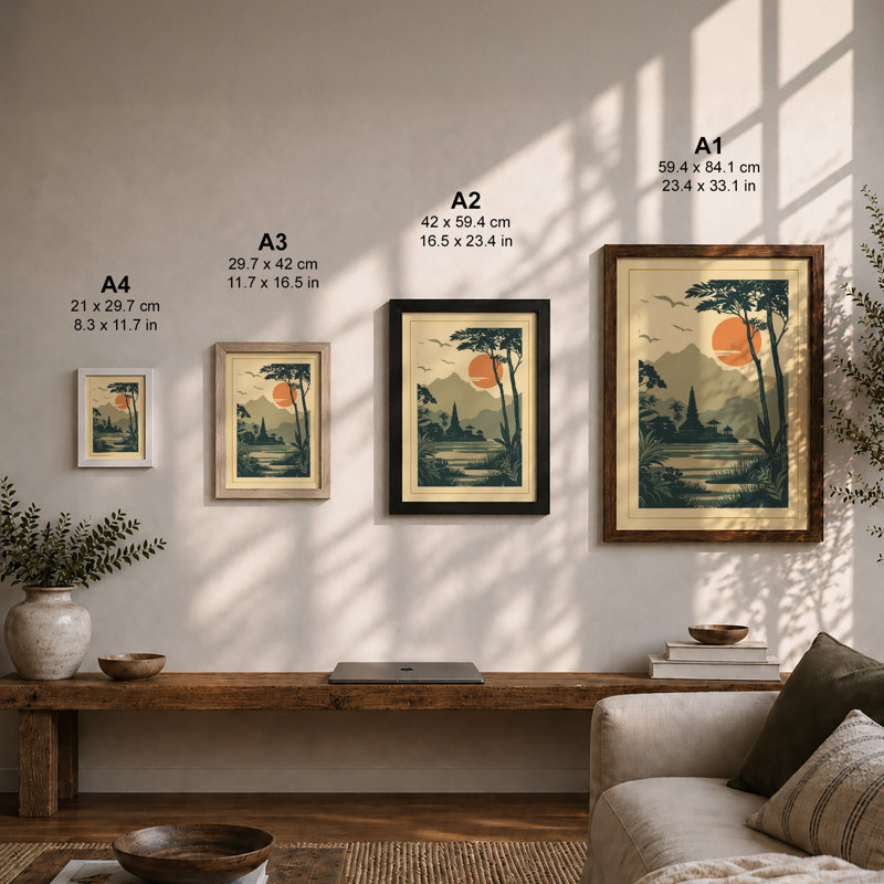 Mountains at Sunrise Japandi - Framed Print, A2 - 59.4 x 42.0 cm, Black