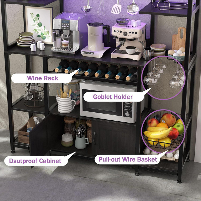 55" Bakers Rack With Power Outlet And LED Light, 5-Tier