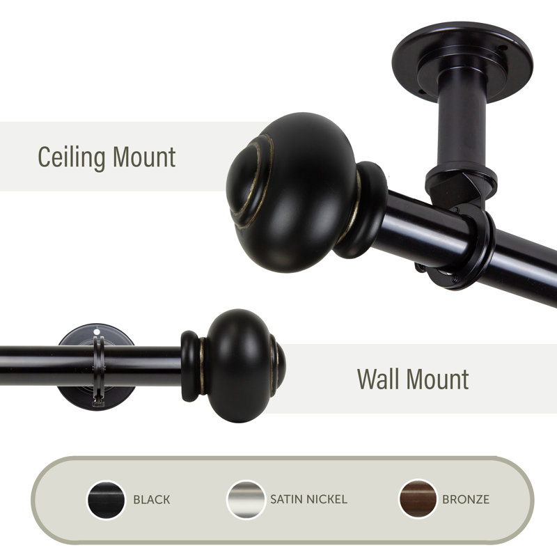 Lecuyer Single Curtain Rod, Black, 120"- 170" L