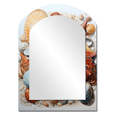 Beach Photo Seashell Beauty III - Coastal Asymmetrical Decorative Wall Mirror, Coral Arch Mirror, Printed Metal Art