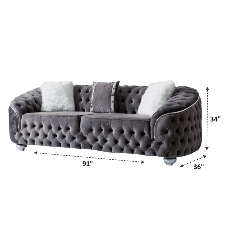 Gonda Velvet Rolled Arm Sofa, Gray , 34" H x 91" W x 36" D 