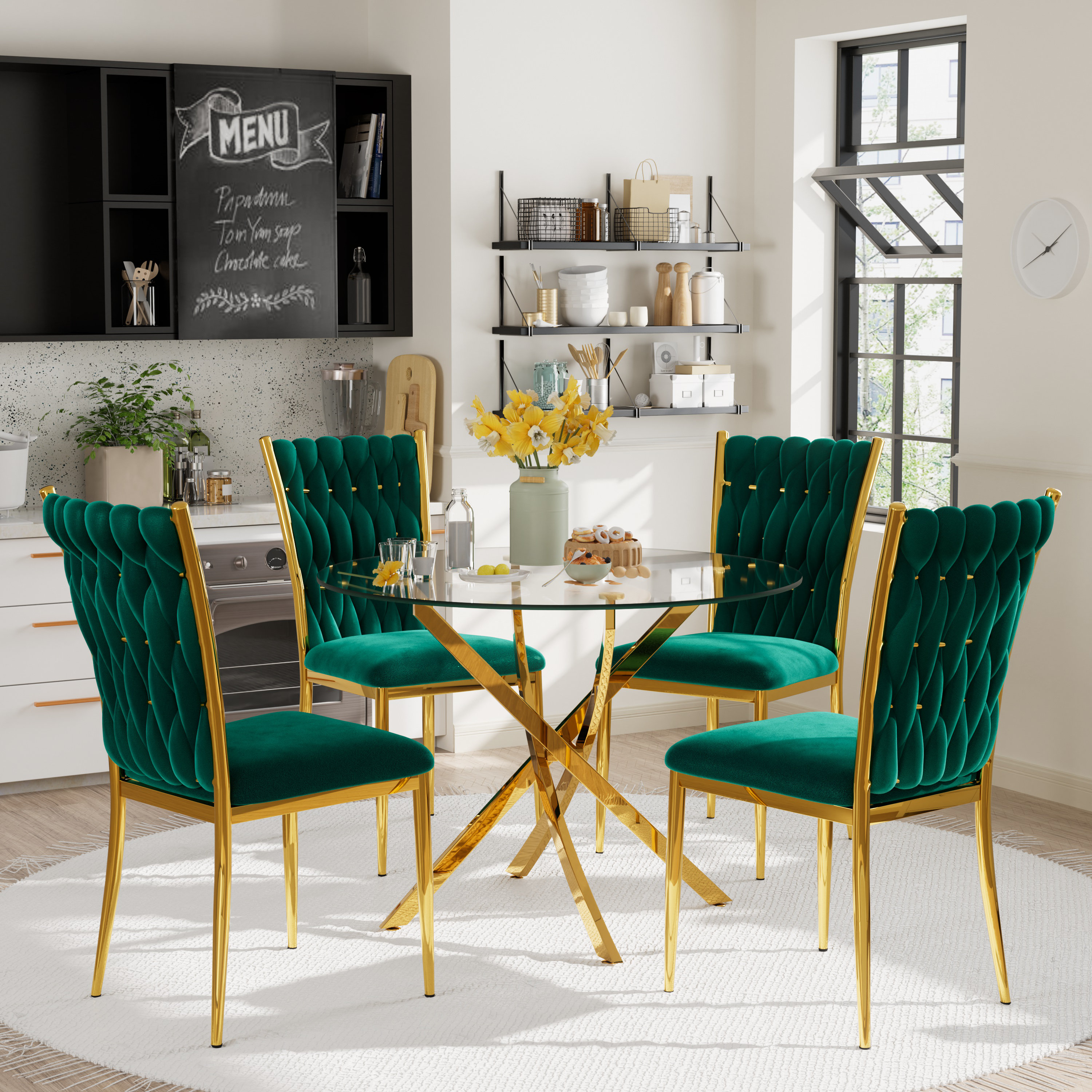Dining Table Set Of Velvet Chairs Mercer41 Glass Round Dining