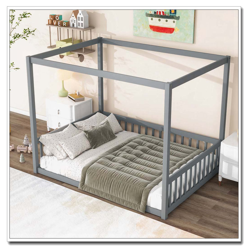 Lit en bois d'hévéa avec clôture Canopy, Gris