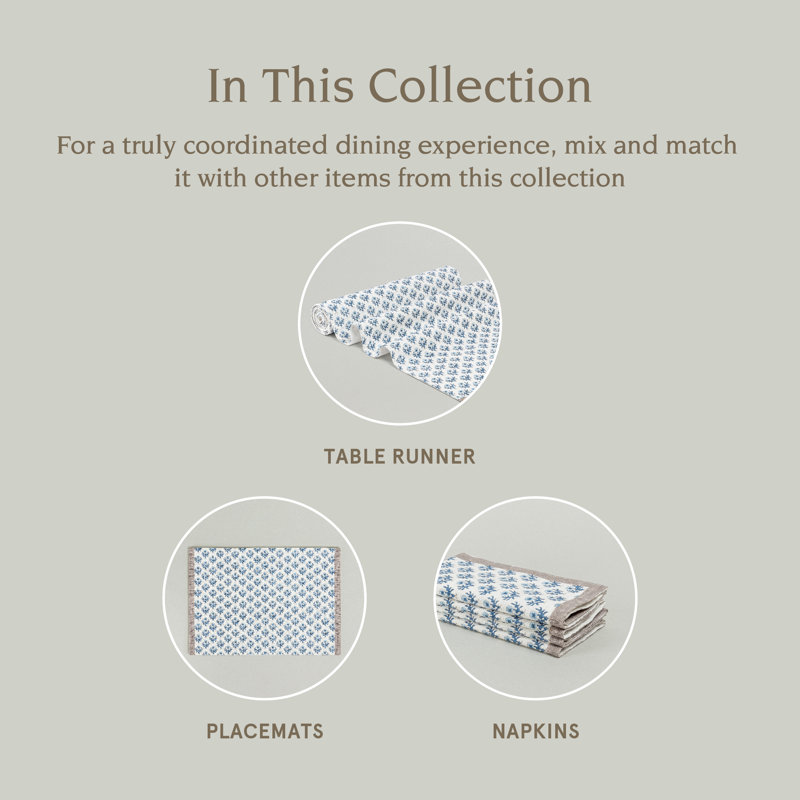 Blue Bloom Cotton Hand-Blocked Table Runner, 18" x 90"