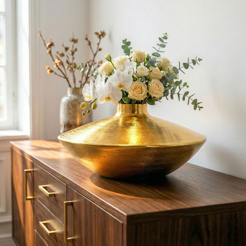 Silver Aluminium Table Vase, Flat Round Bottle-Neck Decorative Vase, Gold