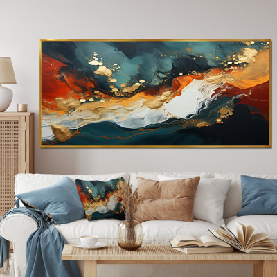 Blue and golden marble storm III - Abstract Painting Framed Canvas Print