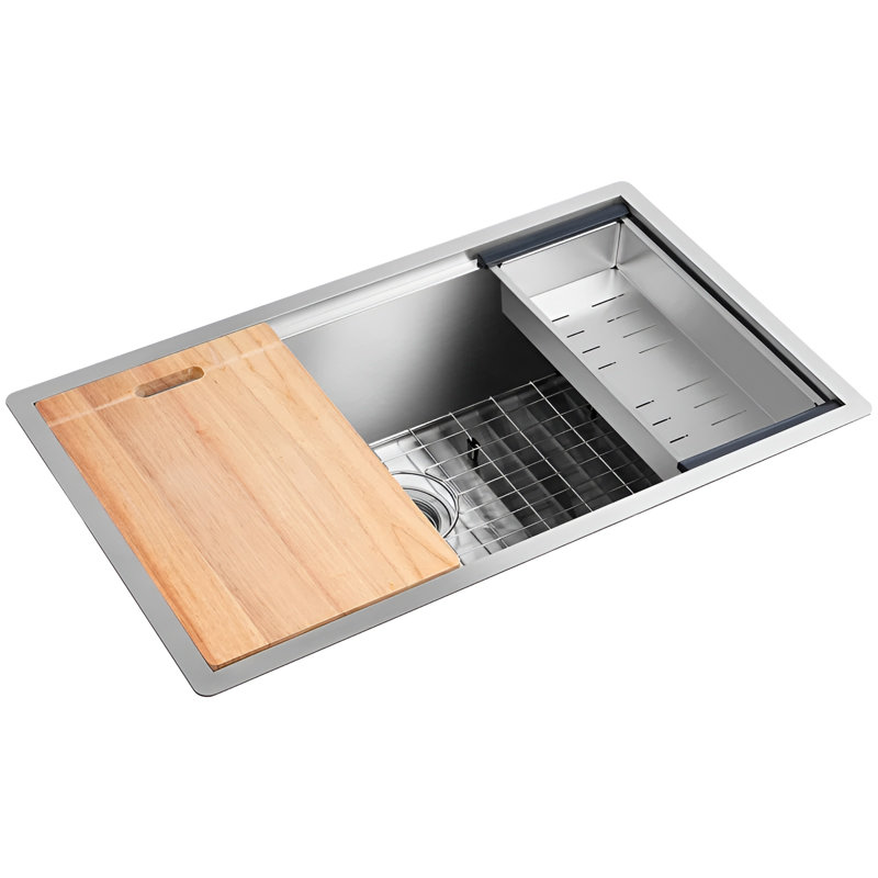 32.5" L x 19" W Undermount Kitchen Sink Rinse Drying Rack Grid Strainer Cutting Board, Brushed