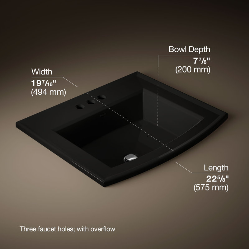 Archer® Vitreous China Rectangular Drop-In Bathroom Sink with Overflow, Black, 4'' Centers