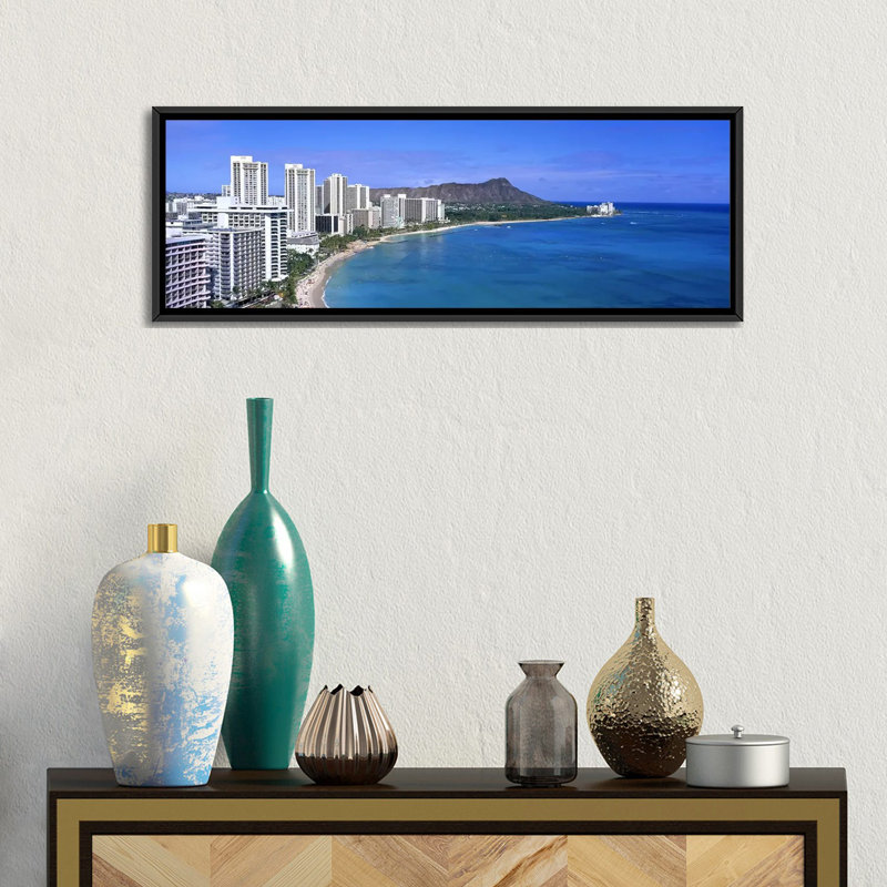 Reproduction de photo panoramique sur toile, Waoliki Honolulu Oahu, H 12 po x l 36 po x P 1,5 po, Cadre noir