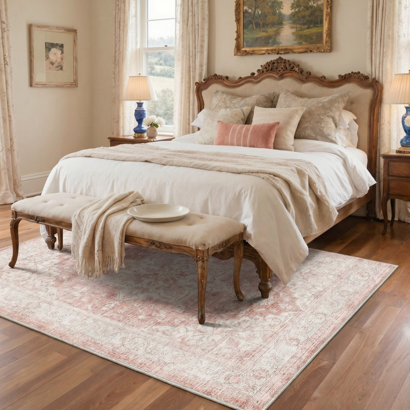 Tapis oriental ivoire / rose lavable à la machine avec envers antidérapant, Rectangle 9 pi x 12 pi