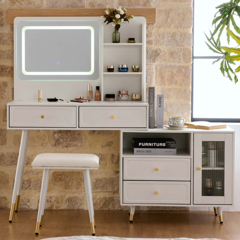 Modern Adjustable Makeup Vanity Desk with LED Mirror & Lights, Retractable Dressing Table with Storage Drawers Cabinet & Built-in Power Outlet for Bedroom