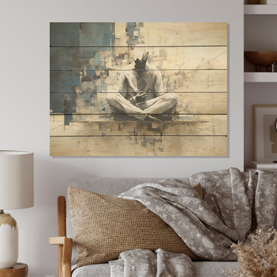 Abstract Blue And White Yoga Mediation - Yoga Wood Panel Wall Art On Natural Pine Wood