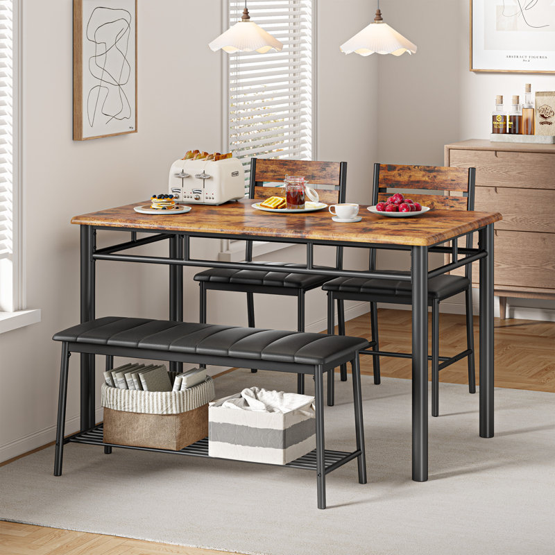 4-Piece Dining Table Set For 4, Kitchen Table With Pu Upholstered Bench and 2 Dining Chairs, Brown