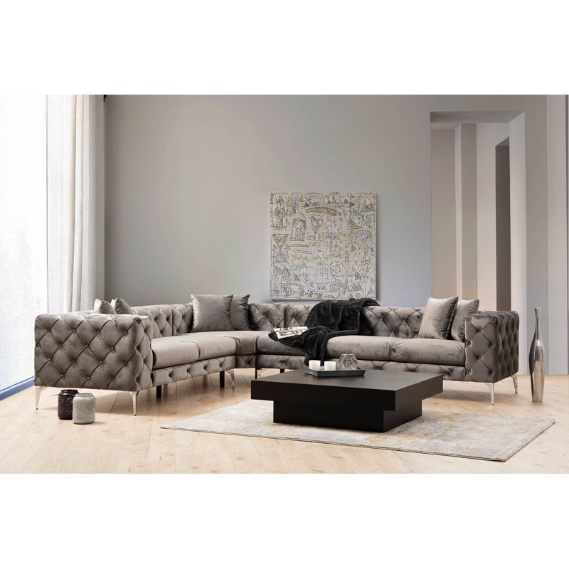 Modern Corner Sofa with Metal Legs, Anthracite Fabric, 122.0 x 27.6 x 106.3 inches | Beech Wood & Chipboard Frame, 100% Polyester, 6 Included Pillows, Removable Covers, Portable Cushions | Stylish & Comfortable Living Room Furniture