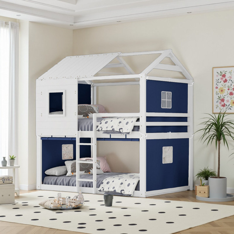 Twin Size Bunk Bed With Tent, Wooden Frame, House Bed Shaped, Twin Over Twin, White/Blue