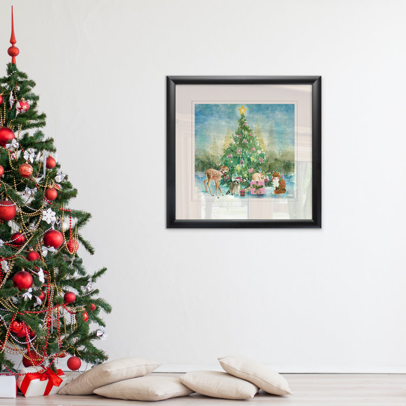 « forestières de noël », peinture, H 17,5 po x l 17,5 po x P 1,5 po, Blanc / aubergine / banane / brun clair / rouge br