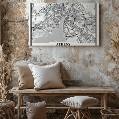 Toile, art mural de la carte d'Athènes en Grèce méticuleusement fabriquée en noir et blanc