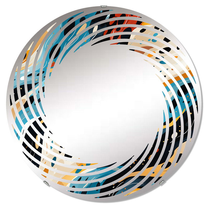 Rétro Futurisme en vagues orange et bleues I - Miroir mural en spirale | Rond, 23,6 po x 23,6 po