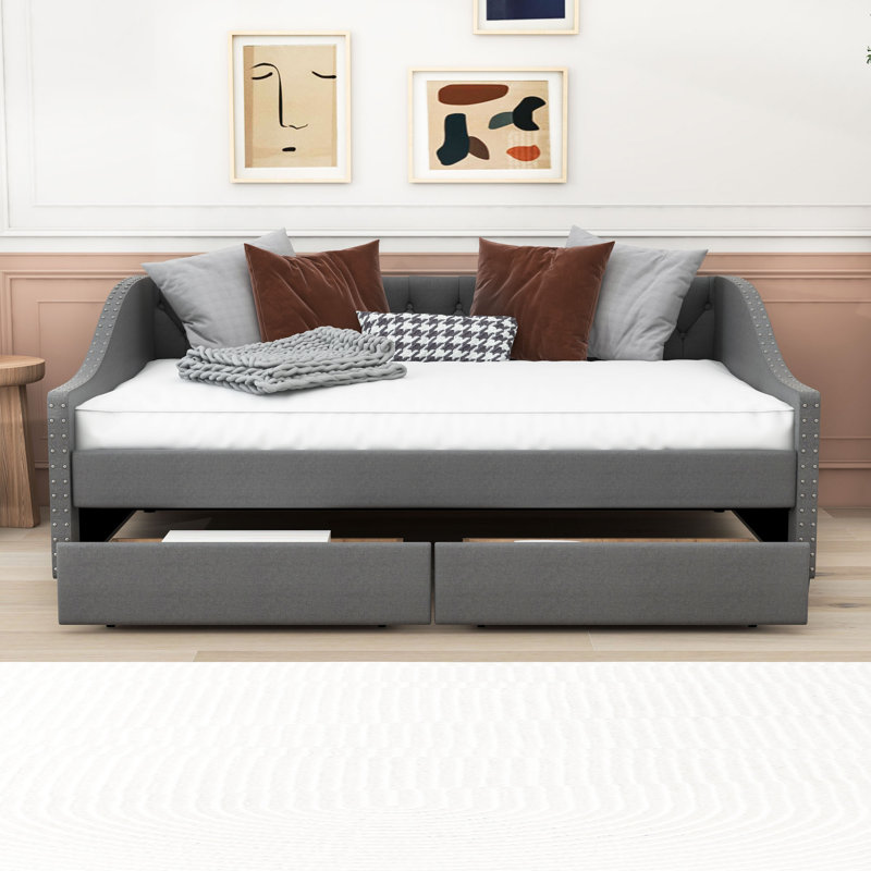 Full Size Upholstered Daybed with Two Drawers, Gray