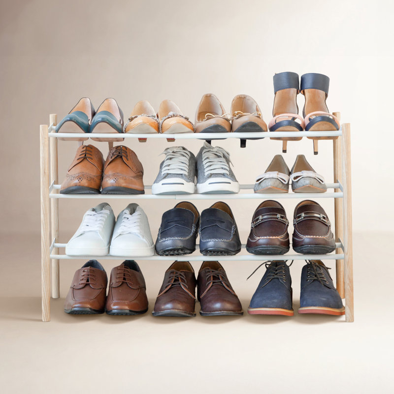 Yamazaki Home Expandable 3-Tiered Space Saving Shoe Rack, Steel,  Holds 12 to 16 Shoes, White