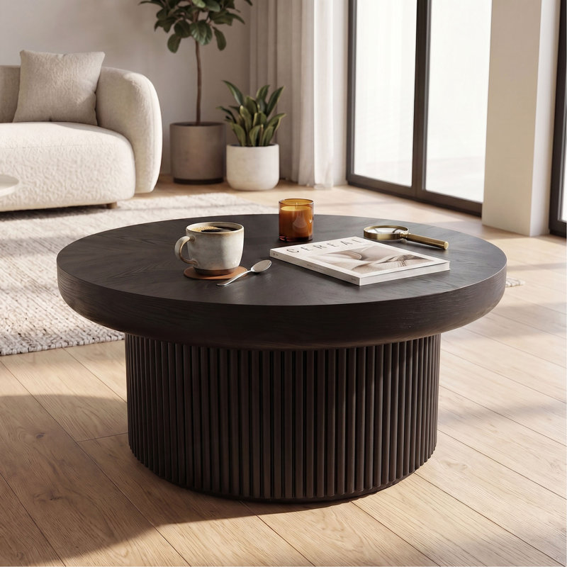 Table basse 33,5 po ronde cannelée avec plateau en bois véritable et base cylindrique, plateau de table épaissi, table basse Mid-Century