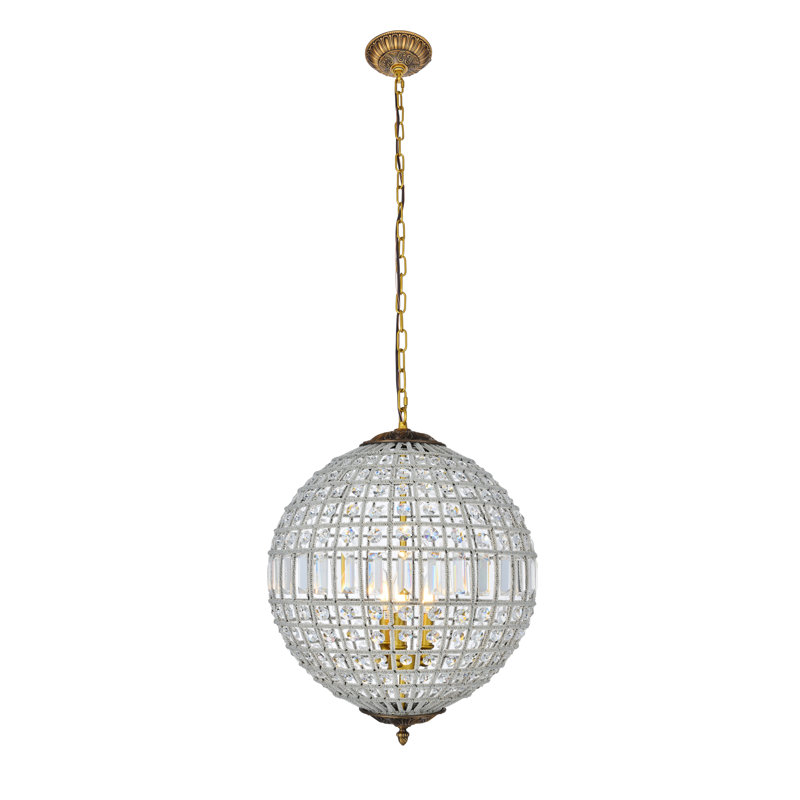 Rola Steel and Crystal Dimmable Globe Chandelier, French Gold, 3 Lights
