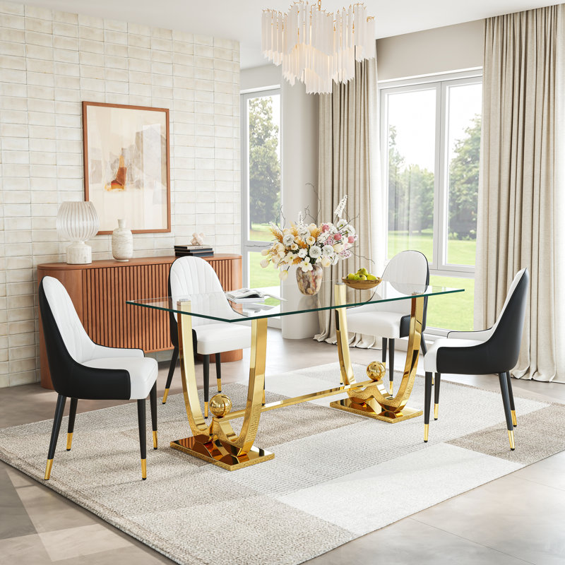 Modern Rectangular Glass Dining Table Set, Tempered Glass Top, Polished Stainless Steel W-Shaped Base, Faux Leather Chairs