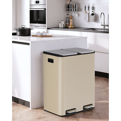 16 Gal Dual Kitchen Trash Can, Stainless Steel Step-on Garbage Bin With Built-in Deodorizer, Recycle Waste Dustbin, W/2 Built-in Box For Odor Control, Soft-close Lid,2 Buckets, Foot Pedal, Side Handle, For Home Office(beige)