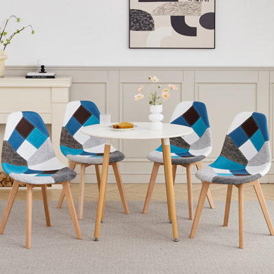 40.5cm Patchwork Linen Nordic style Dining Chairs with Solid Wood Legs