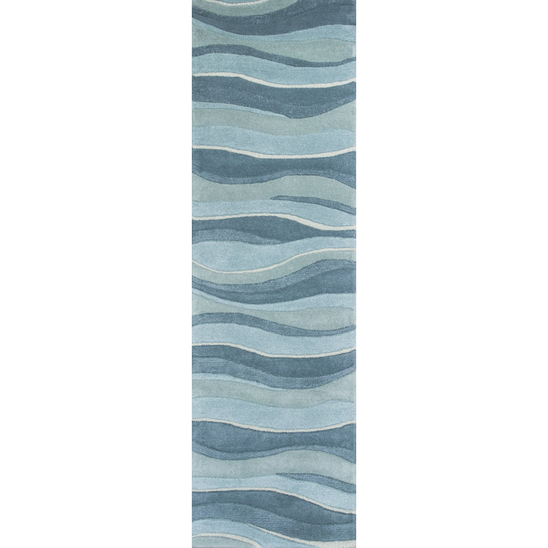 Tapis bleu en laine fait à la main Patillo Cabo, Tapis de couloir 2 pi 3 po x 7 pi 6 po