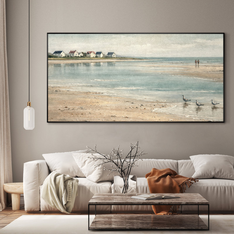 Très grand art mural imprimé sur toile - Décoration de salle de bain bord de mer Beige Sandy Beach - "Assemblage requis (cadre non fini)"