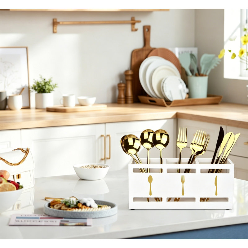 Porte-ustensiles de cuisine en bois, White/Gold