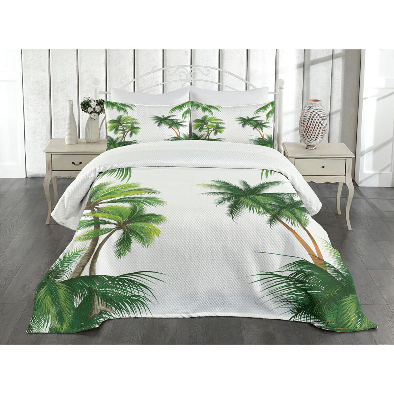 White Queen Bedspread Set with Palm Tree Design