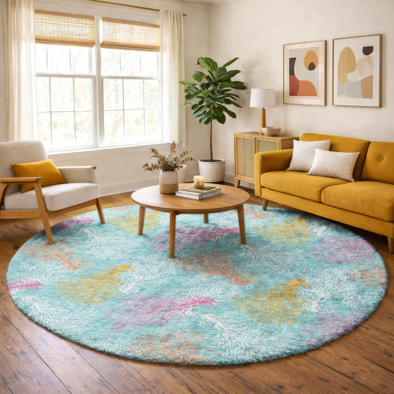 Tapis corail à poils longs de qualité supérieure lavable à la machine ADS182, Turquoise, Rond 8 pi