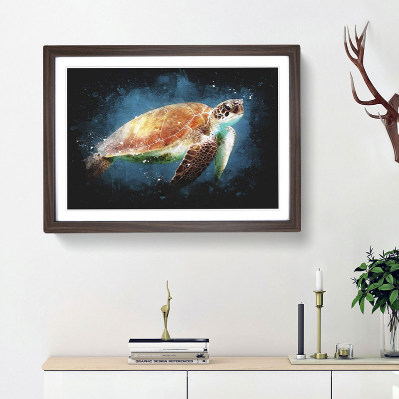 Sea Turtle In The Blue Ocean - Picture Frame Graphic Art, 62cm H x 87cm W x 2cm D, Walnut Framed
