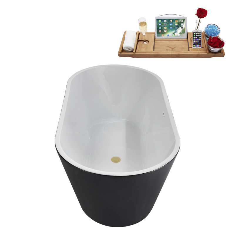 59" Streamline Soaking Glossy Black Freestanding Tub and Tray With Internal Drain, Brushed Brass