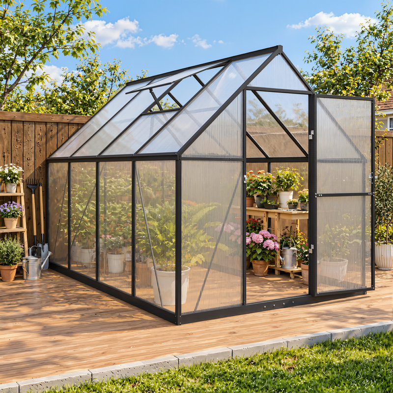Serre avec cadre en aluminium noir 12 x 8 pi, entrée chaude de jardin en polycarbonate avec portes coulissantes doubles et 2 bouches d'aération réglables