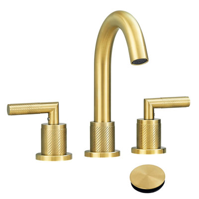 Robinet de salle de bain à 2 poignées à 2 poignées en or brossé, évier en acier inoxydable à 3 trous avec bonde escamotable et tuyaux d'eau, trou d'alimentation sur 360 ° rotatif de qualité, bec pivotant
