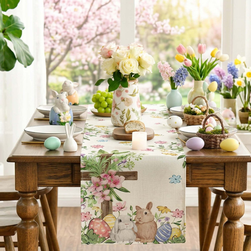 Easter Table Runner Bunny Rabbits Eggs He Is Risen Seasonal Spring Kitchen Dining Table Decoration for Home Party