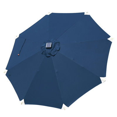 Refined Casual 9 FT 32 LED Solid Wood Market Umbrella for Boutique Hotel, Vineyard Estate Lounge, Wellness SPA - Bohemian Rustic, Navy Blue