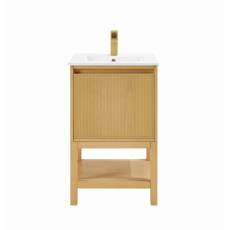Meuble-lavabo en bois avec tablette réglable, Bois de frêne naturel