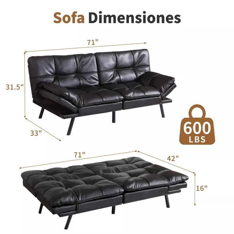 Convertible Futon Sofa Bed: Memory Foam Couch With Adjustable  Armrests & Backrest For Living Room, Office And Apartment - Easy Assembly