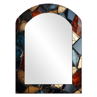 Gold and blue Cubic Mosaic tiles III - Tile Asymmetrical Unique Mirror, Gold Arch Large Wall Mirror, Printed Metal Art